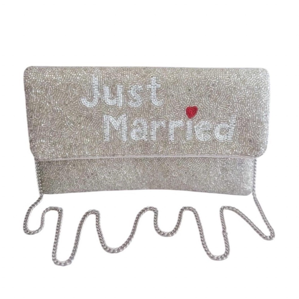 Elegant Silver 'Just Married' Beaded Clutch